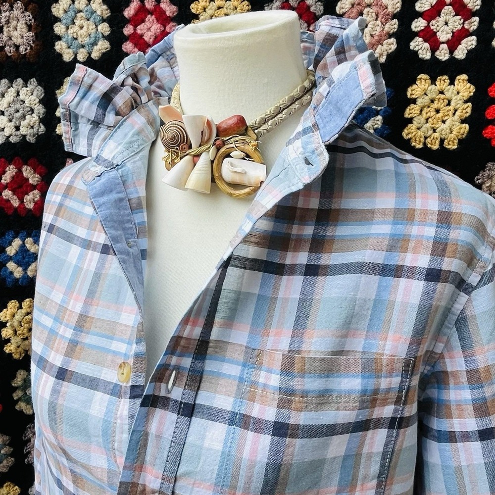 Upcycled Coastal Nantucket Linen Grayers Peach Gray Plaid Ruffle Collar Shirt M
